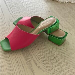 Cecelia New York Pink and Green Mules with Color-Block Design